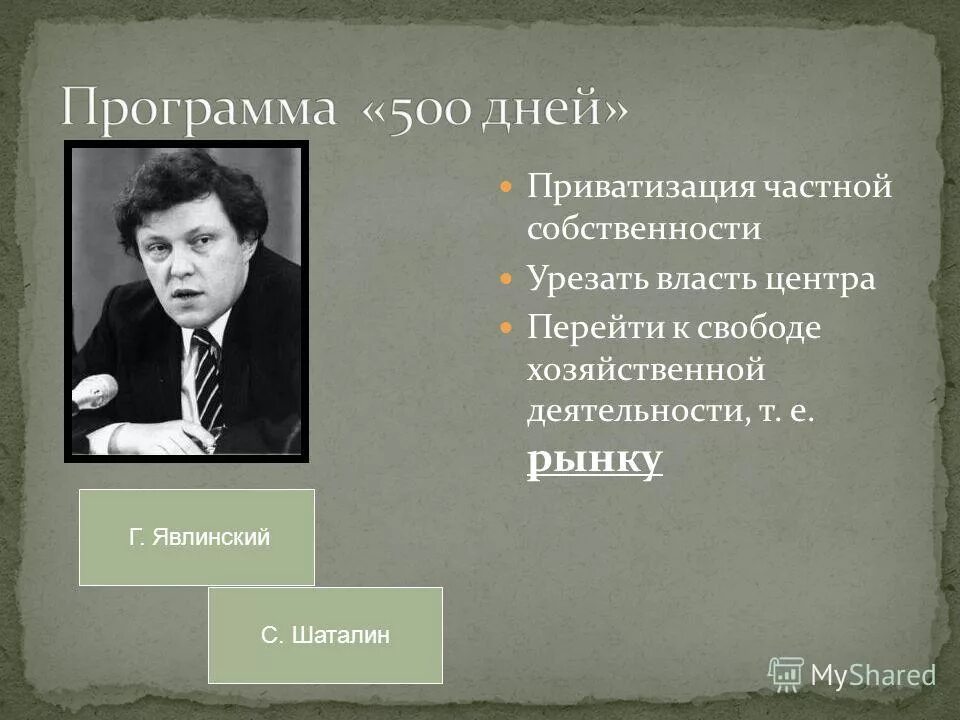 Продолжительность 500 дней. 500 Дней Явлинский и Шаталин. Программа 500 дней с.с Шаталина и г.а Явлинского предполагала. План Явлинского 500 дней.