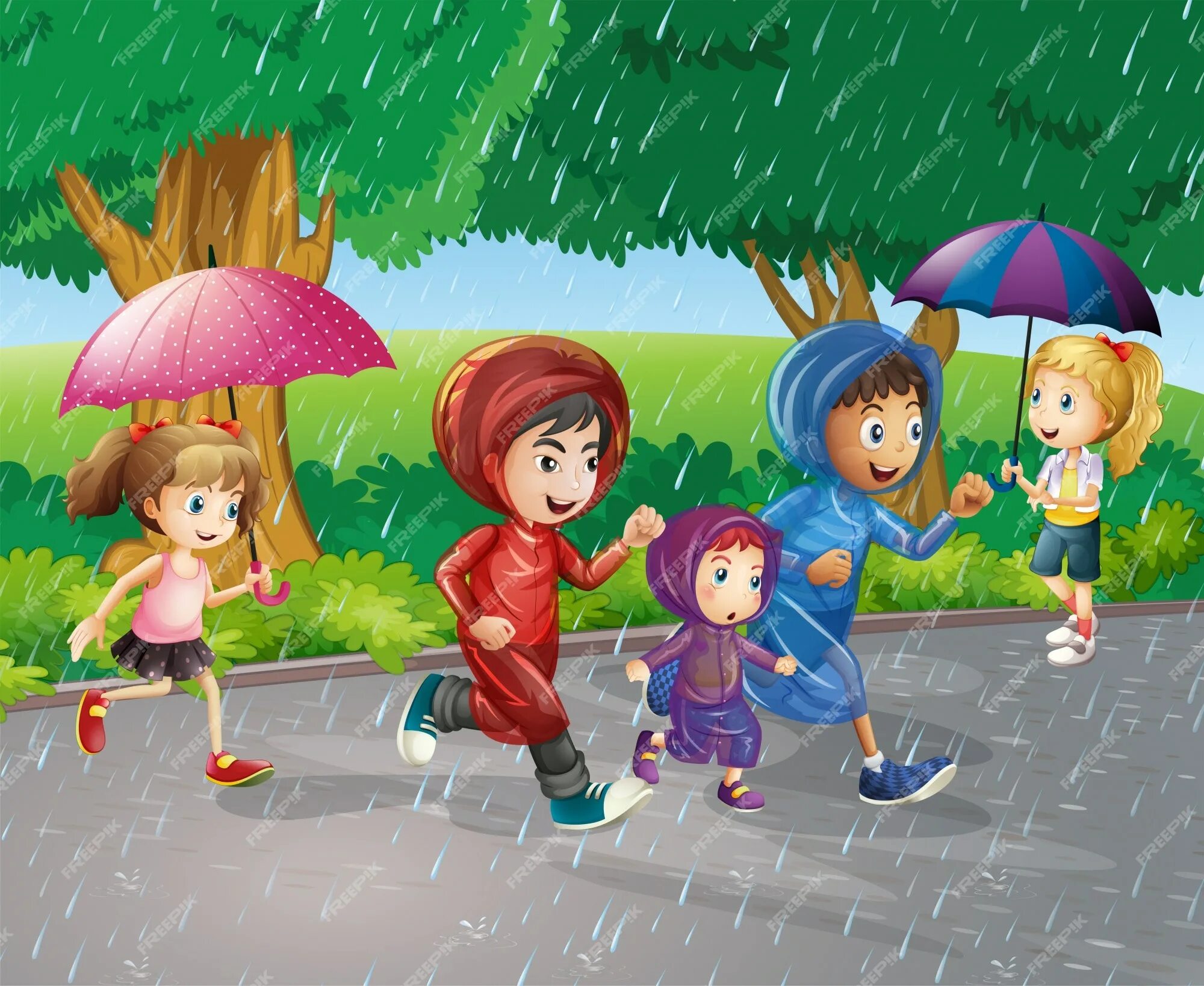 Игры в дождливую погоду. Дети гуляют на улице. Дети на улице мультяшные. Дети в дождик для детей. Дождь картинка для детей.