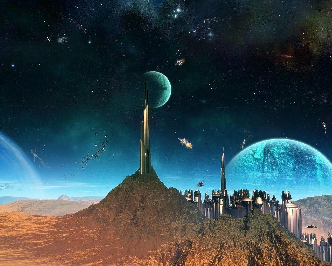 Другое будущее. Космический город. Инопланетный город. Город на другой планете. Планета будущего.