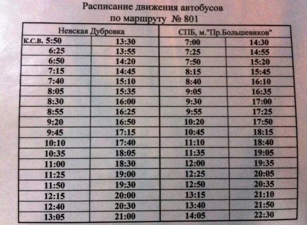 Расписание 85 автобуса спб. 801 Маршрутка расписание Большевиков до Невской Дубровки. Расписание 801 Невская Дубровка. Расписание автобусов 801. Расписание 801 маршрутки от Невской Дубровки до Большевиков.