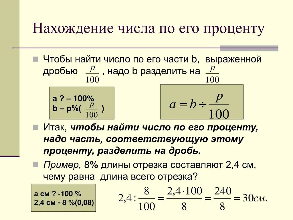 Нахождение процента от числа и числа по проценту. Как найти число по проценту. Как найти по процентам целое число. Нахождение числа по его части проценты.