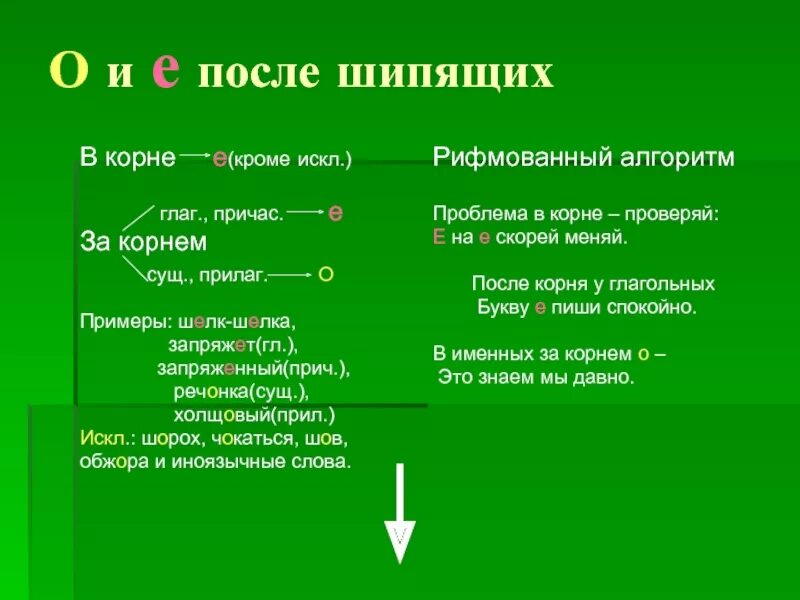 Русский язык о е после шипящих. О-Ё после шипящих в корне. О-Ё после шипящих в корнях существительных. О-Ё после шипящих в корне правило. Правило на правописание о е после шипящих у существительных в корне.