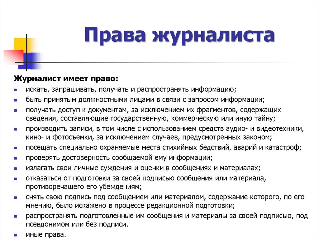 Представитель сми не вправе ответ. Памятка корреспондента. Правовой статус журналиста.