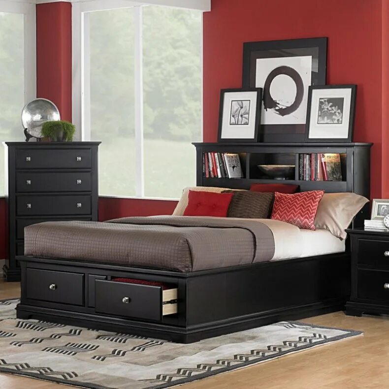 Мебель комн. Кровать с полками. Кровать с полочками. Мебель для спальни. Спальня с черной мебелью.