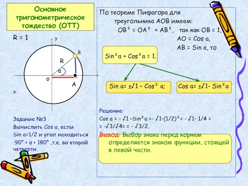 Теорема пифагора окружность. Основное тригонометрическое тождество. Прямоугольный треугольник основное тригонометрическое тождество. Основное тригонометрическое тождество тангенс и котангенс. Функция окружности через синус и косинус.