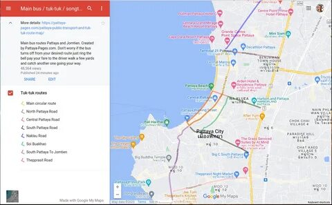 Pattaya public transport and tuk-tuk route map - Pattaya-Pages.com.