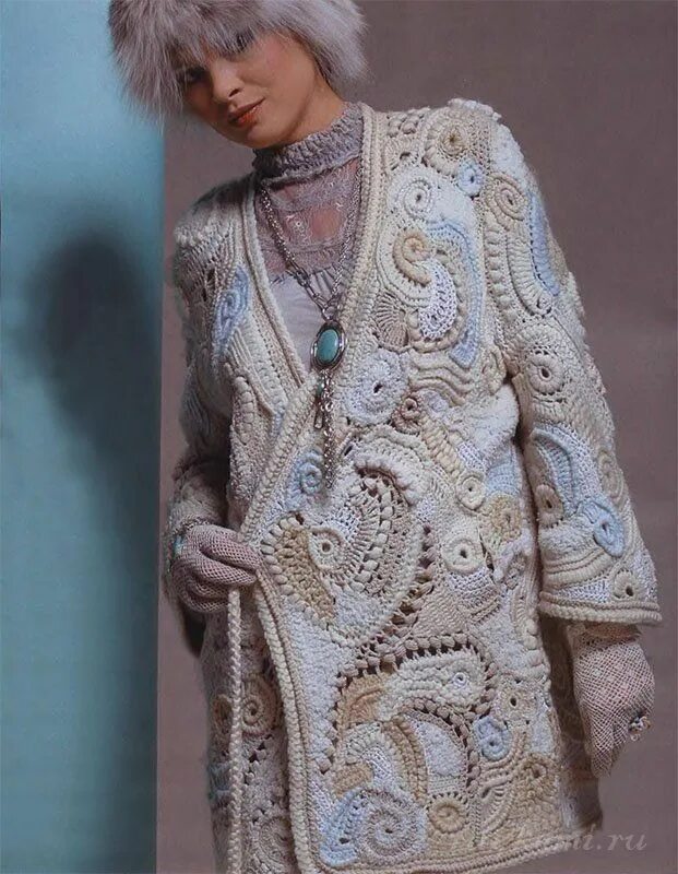 Вязание крючком техника фриформ. Ирландское кружево пальто.