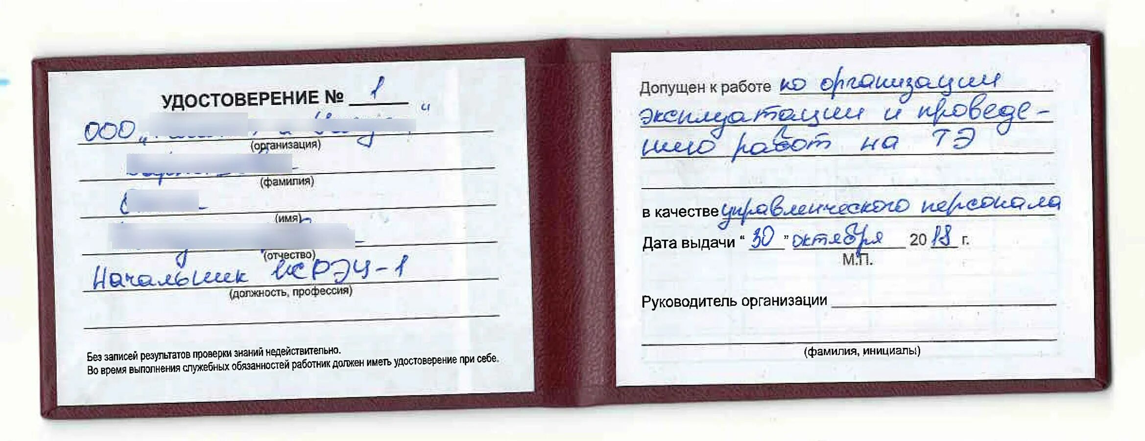 Фактически допущен к работе. Категория персонала по тепловым энергоустановкам.