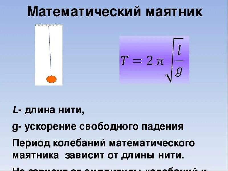 Как зависит период колебаний маятника от длины. Период от длины нити формула. Длина нити маятника. Ускорение математического маятника. Вывод периода колебаний математического маятника.