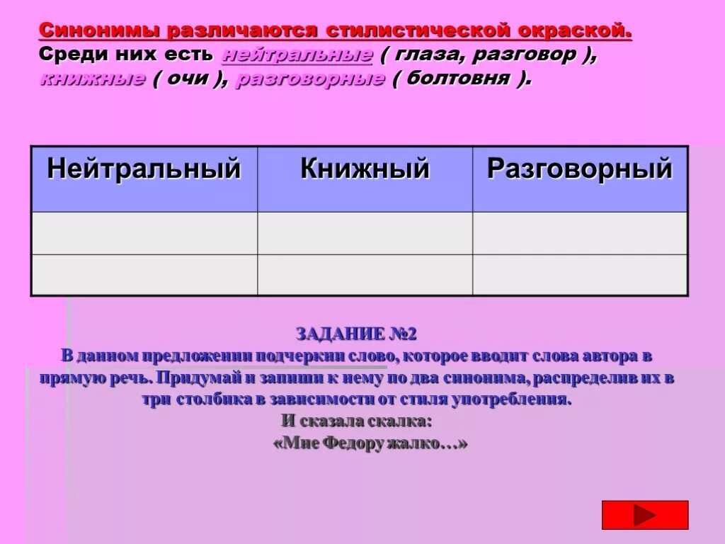 Стилистическая окраска синонимов. Нейтральная стилистическая окраска. Употребление слов иной стилевой окраски. Предложения с разной стилистической окраской.