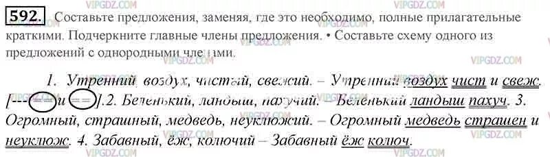 Полна краткое прилагательное подчеркивается. Русский язык 5 класс упражнение 592. Схема предложения утренний воздух чист и свеж.