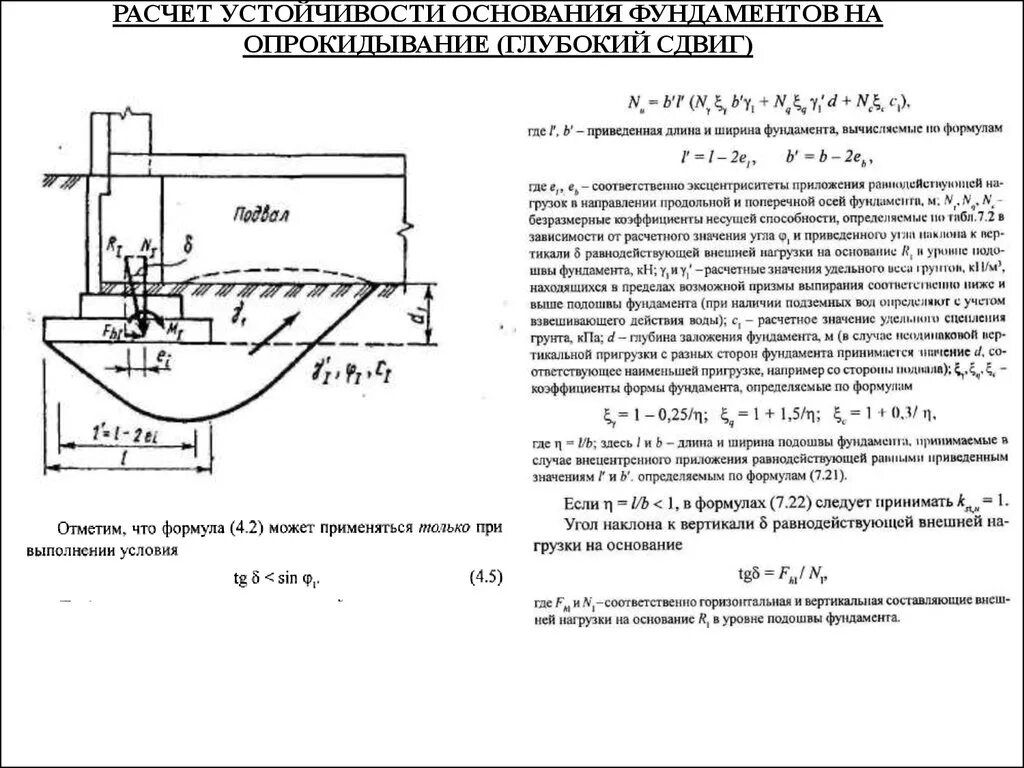 Расчет фундамента на опрокидывание формула. Расчет стойки в грунте на опрокидывание. Расчет устойчивости фундамента по схеме плоского сдвига. Момент в основании фундамента как найти. Учет взвешивающего действия воды