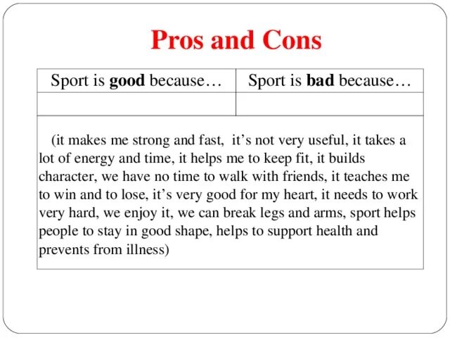 Reasons for doing Sports. Темы для эссе Pros and cons. Pros and cons of doing Sports. Essay Pros and cons of Sports. Doing sports advantages