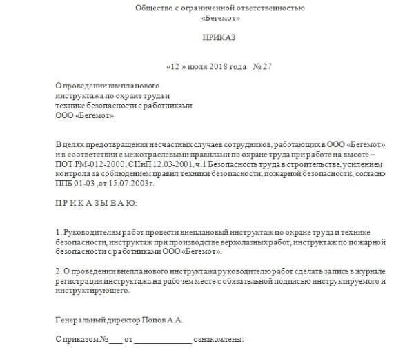 Приказ по внеплановому инструктажу по охране труда. Приказ о проведении инструктажей по охране труда с работниками. Приказ о проведении внепланового проведения инструктажа. Приказ о проведении внепланового инструктажа по охране труда образец.