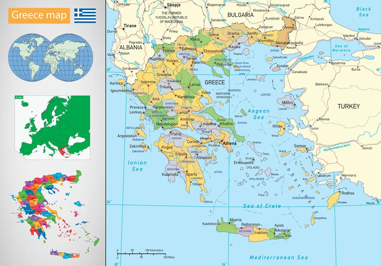 Карта Греции с островами. Географическая карта Греции. Остров Крит на карте Европы. Греция (+ карта).