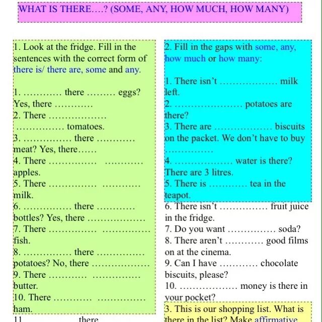 Some Water there is или there are. There is или there are some Milk. Potatoes how much или how many. Are there any Potatoes. There aren t any shops