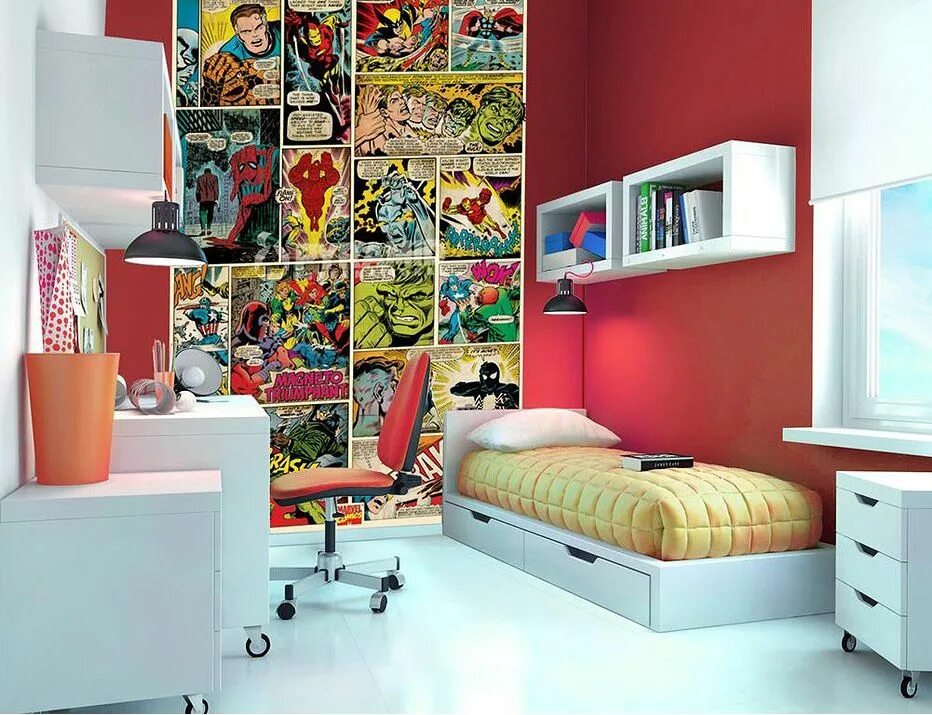 Comics room. Комната подростка. Интерьер комнаты для подростка. Фотообои в комнату подростка. Стены в комнате подростка.