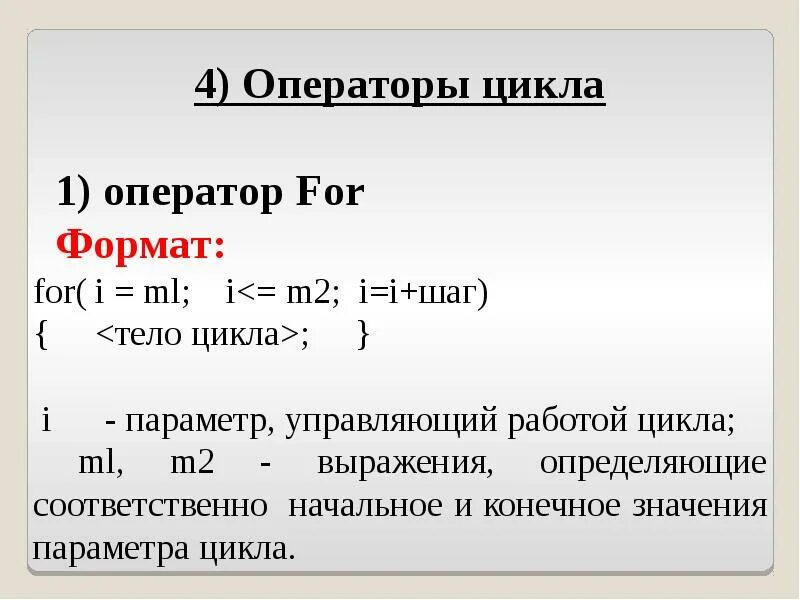 Оператор создающий цикл. Оператор for. оператор цикла for. формат оператора цикла for. форма записи оператора цикла for.