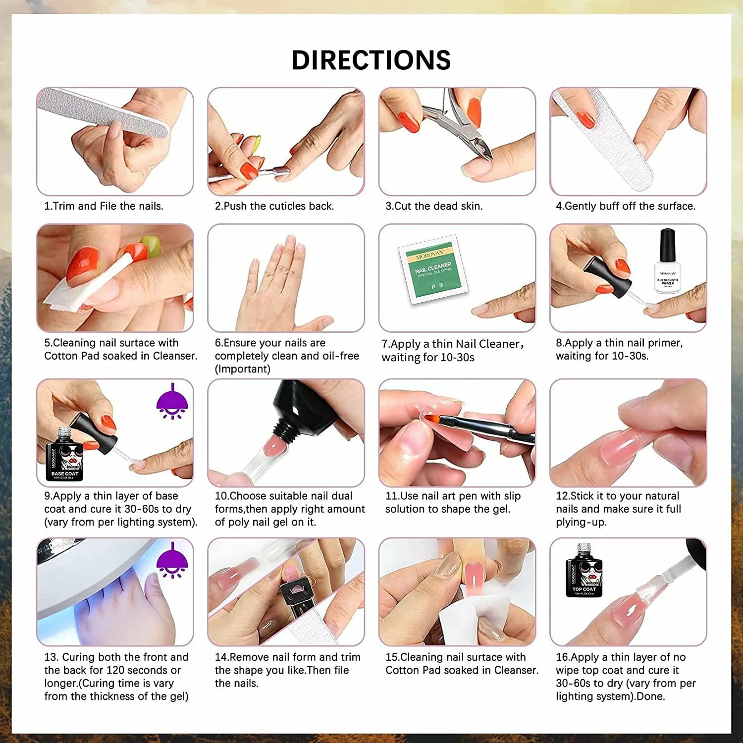 Как делать ногти гелем поэтапно. Morovan poly gel nail kit. как делать наращивание типсами поэтапно. пошаговая инструкция нанесения гель лака для начинающих. последовательность нанесения укрепления ногтей.
