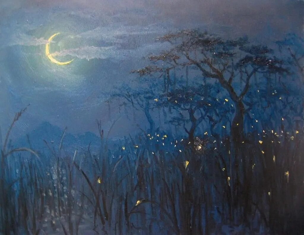 Пелена сна. Келехсаев художник картины Лунная ночь. Ночной пейзаж живопись. Ночной лес живопись. Ночное небо живопись.
