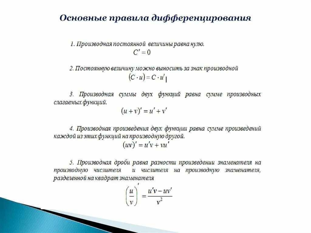 Производная сложной функции нескольких производных. Производные функции правило дифференцирования. Формула дифференцирования разности. Производная суммы разности произведения и частного. Общее правило дифференцирования функции.