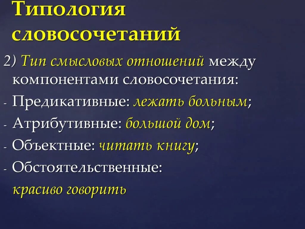 Отношения между министерствами. Словосочетания по смысловым отношениям. Типы отношений между компонентами словосочетания. Объектное обстоятельственное. Предикативные словосочетания.