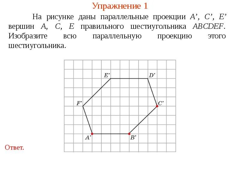 Вершина шестиугольника. Проекция вершины. Параллельная проекция трапеции. Упражнения для параллельной проекции фигуры. Теорема 4 вершины 4 проекциях.