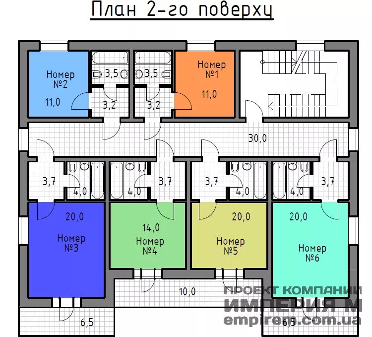 Проект номер 6. Проект мини отеля. Деревянный дом гостиница на 4 номера. Проект гостиницы на 30 номеров. Планировка гостиницы на 6 номеров.