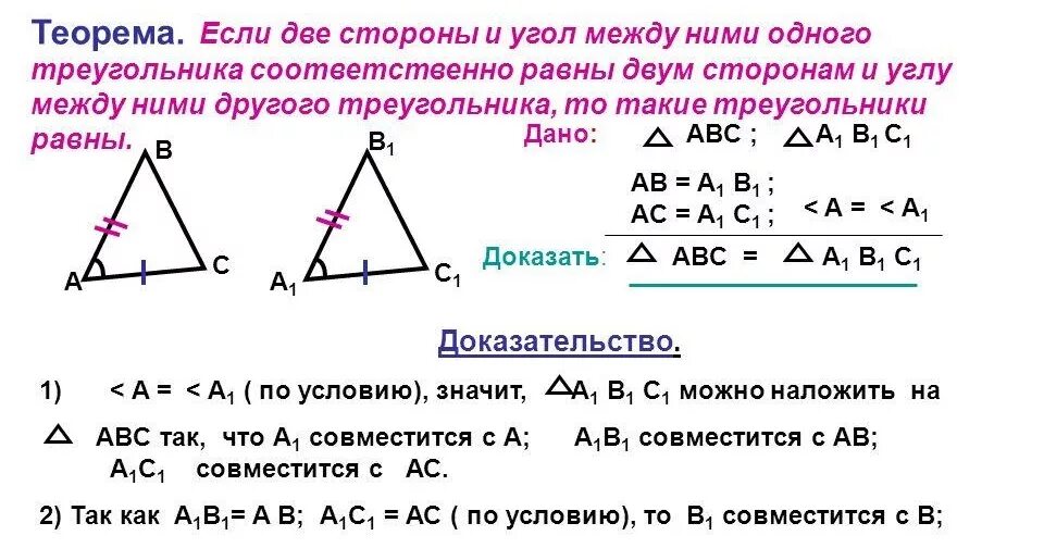 Первый признак равенства. Доказательство теоремы о первом признаке равенства треугольников. Геометрия первый признак равенства треугольников теорема. Треугольник признаки равенства треугольников 7 класс. Доказать теорему 1 признак равенства треугольников.