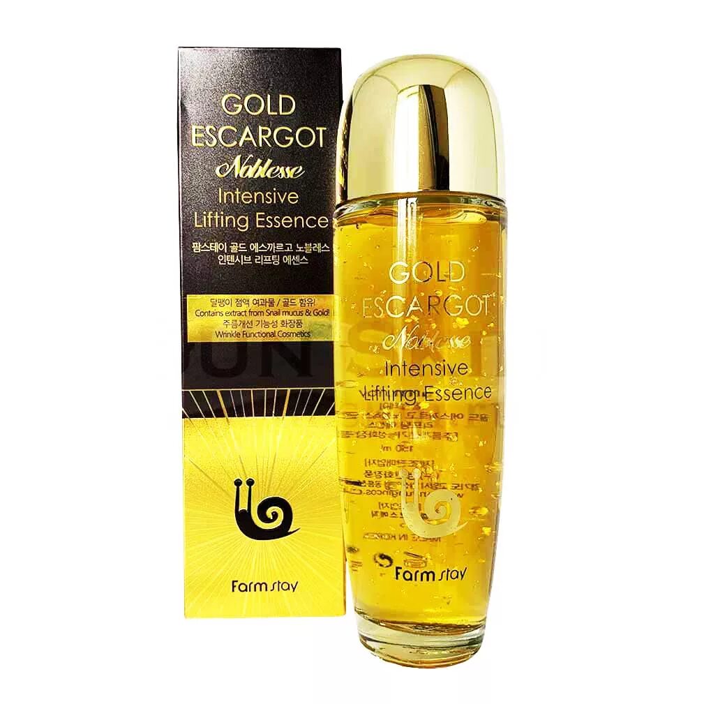 Сыворотка с муцином улитки Farmstay Gold escargot Noblesse Intensive Lifting Essence, 150мл. Эссенция с лифтинг-эффектом Farmstay Gold escargot Noblesse Intensive Lifting Essence. Корейская косметика Gold escargot Noblesse Intensive. Сыворотка с лифтинг-эффектом с муцином королевской улитки, 150мл, Farmstay.