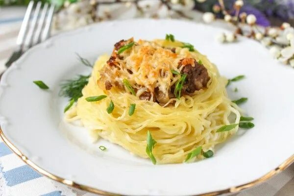 Макаронные гнёзда с фаршем. Домашняя вкуснятина. Дзен