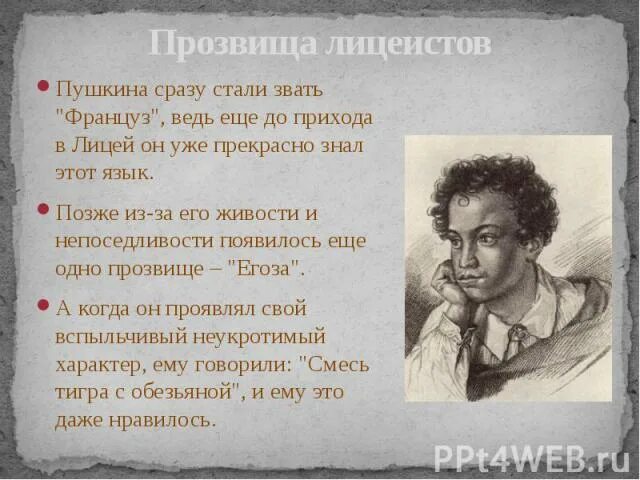 Какое прозвище получил пушкин в лицее. Лицейские прозвища Пушкина. Прозвища лицеистов друзей Пушкина. Пушкин прозвище в лицее.