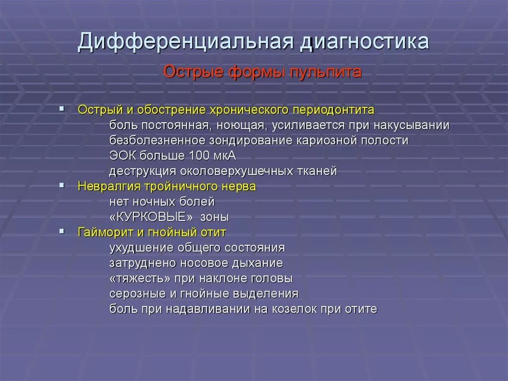 Дифференциальный диагноз хронического. Дифференциальная диагностика пульпита и периодонтита. Диф диагностика острого серозного пульпита. Дифференциальный диагноз острого пульпита. Дифференциальная диагностика острого пульпита и периодонтита.