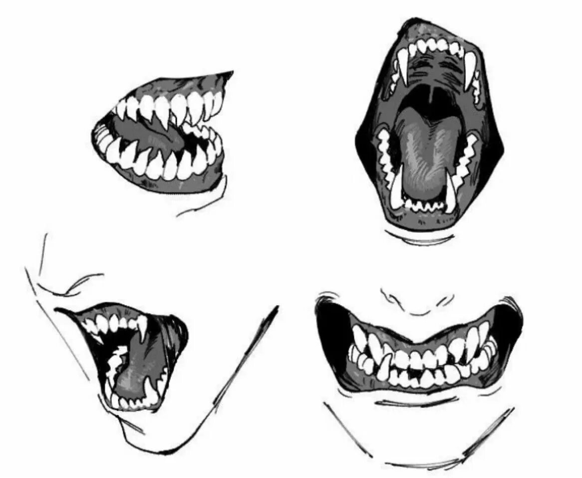 Наброски рта с клыками. Острые зубы туториал. Референс улыбка