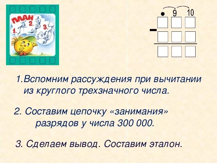 Алгоритм вычитания трехзначных чисел с переходом через разряд. Алгоритм письменного вычитания трехзначных чисел. Алгоритм письменного вычитания многозначных чисел. Алгоритм вычитания из круглого числа.