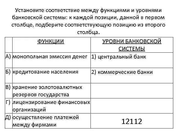 Функции денег и функции банковской системы. Функции между уровнями банковской системы. функции банка и уровень банковской системы. функции коммерческого и центрального банка. установите соответствие между функциями и видами банков.
