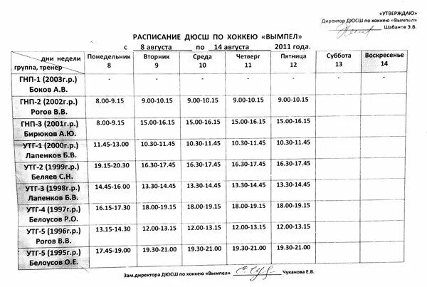 Расписание спортивной школы