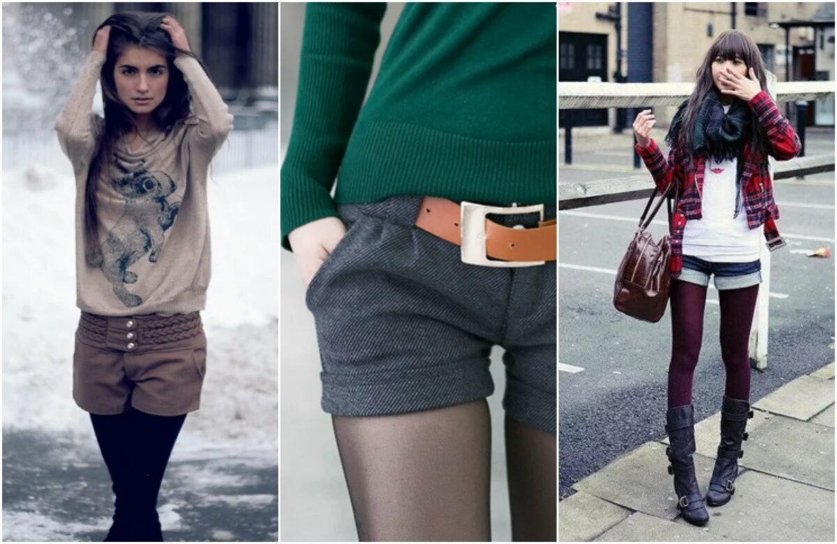 Шорты с плотными колготками. Теплые шорты с колготками зимой. Кожаные шорты с ботинками. Джинсовые шорты зимой. С чем одеть шорты зимой.