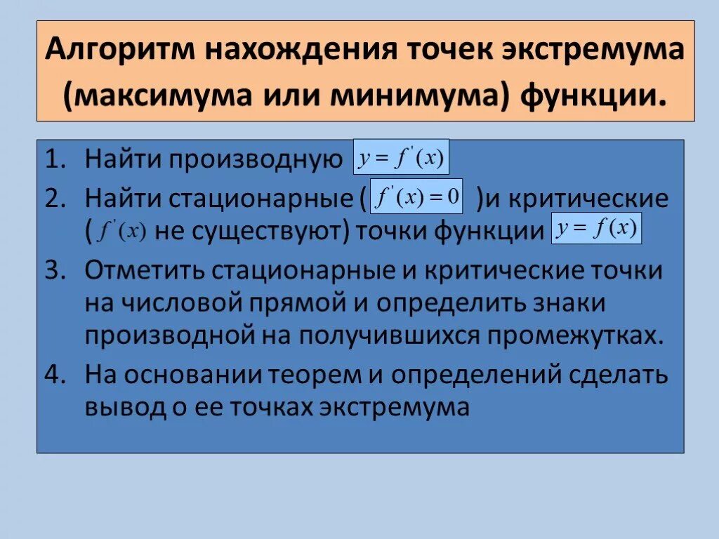 Исследование функции на экстремум с помощью производной. Алгоритм нахождения максимума и минимума функции. алгоритм нахождения точек максимума и минимума функции. алгоритм нахождения точек максимума и точек минимума. алгоритм нахождения максимума функции.