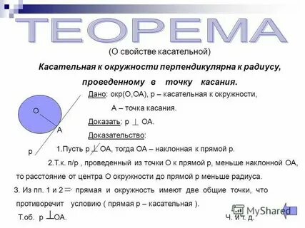 Прямая перпендикулярна касательной в точке касания