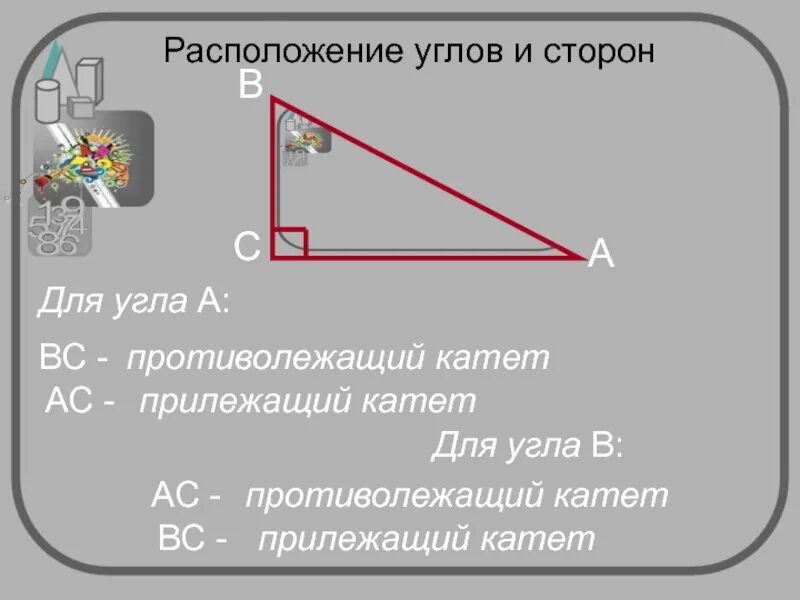 Расположение углов. Котангенс острого угла прямоугольного треугольника. Синус острого угла прямоугольного треугольника. Противолежащие и прилежащие стороны и углы треугольника.