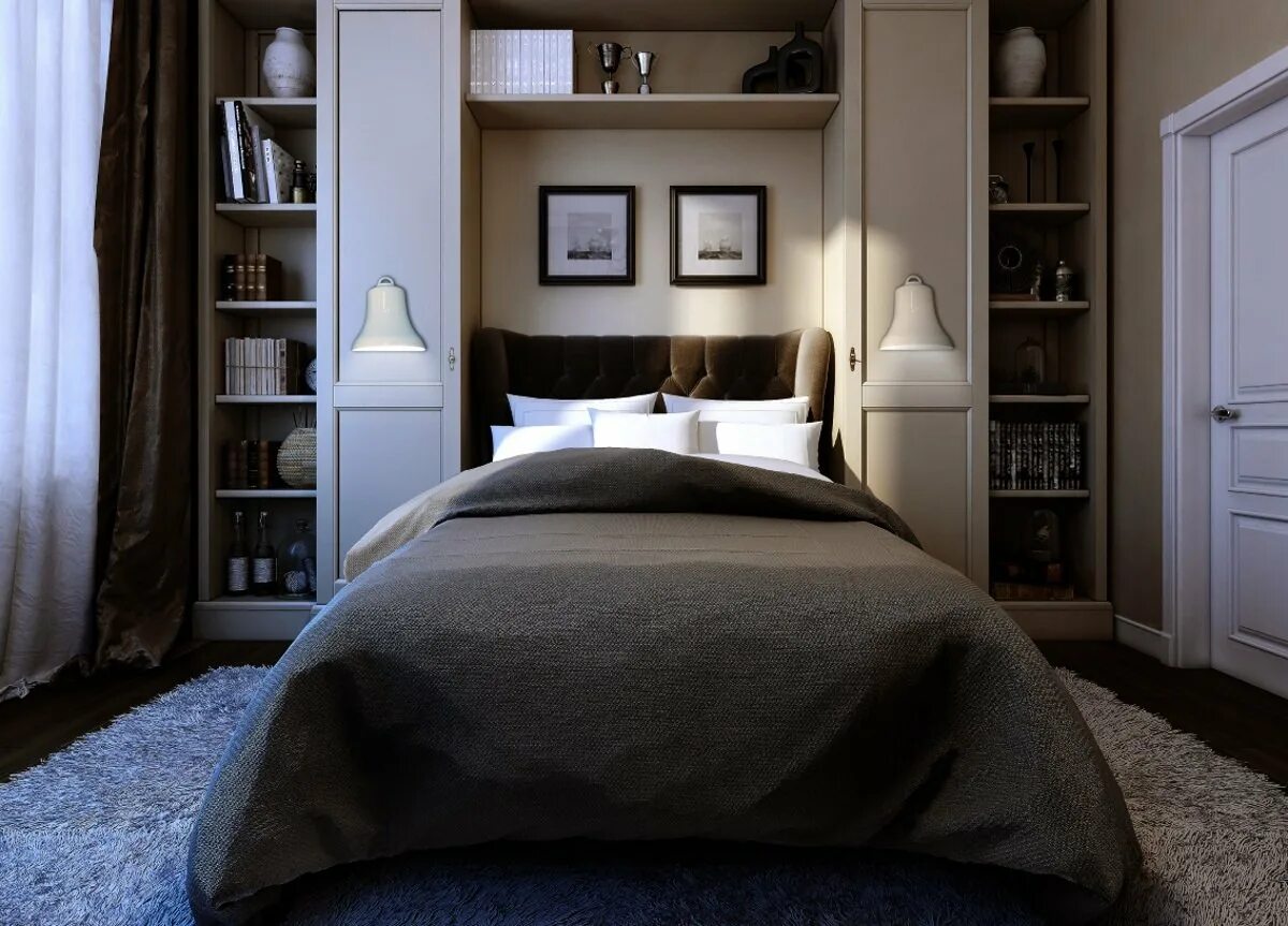 Кровать между шкафами. Спальня со шкафом в изголовье. Кровать между шкафами в спальне. Шкаф возле кровати.