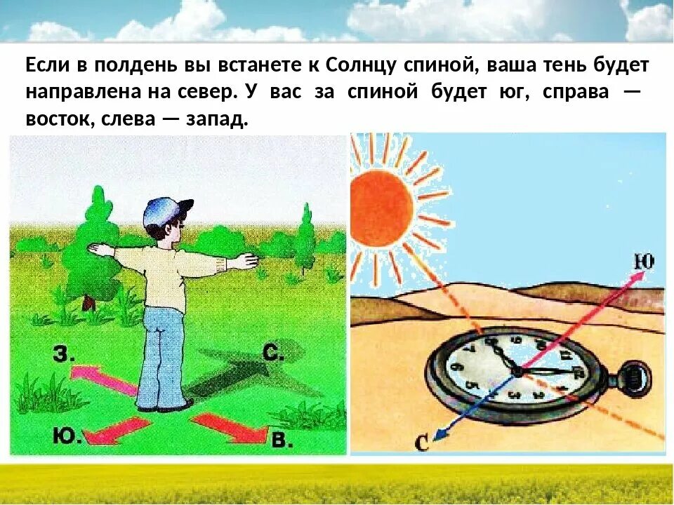 Какая сторона горизонта показана. Ориентирование по местности по солнцу. Ориентирование по часам изображение. Ориентир на местности по солнцу. Определить стороны горизонта по солнцу.