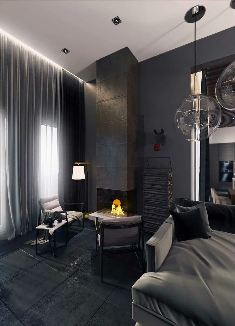 Спальня в темных тонах. Строгая комната. Брутализм в интерьере спальни. Дизайн спальни. Стиль хайтек в интерьере квартиры.