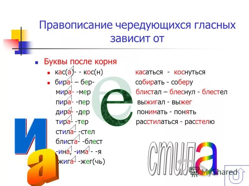 Чередование гласной зависит от согласного. Правописание чередующихся гласных. Буквы с чередующимися гласными. Буквы а-о в корнях с чередованием. Корни с чередующимися гласными.