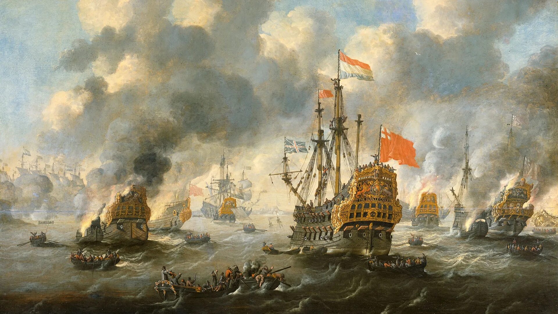 Виллем Ван де младший Вельде пушечный залп. Картины Ван де Вельде морские битвы. Сражение при Гренгаме. Брандеры в Чесменском сражении.