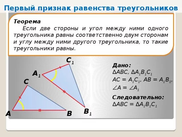 Первый признак равенства. Теорема первый признак равенства треугольников. Теорема 1 признак равенства треугольников. Доказать первый признак равенства треугольников. Доказательство теоремы первый признак равенства треугольников.