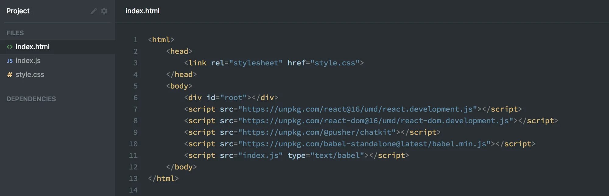 Babel index js. React js code. чат javascript. project index.