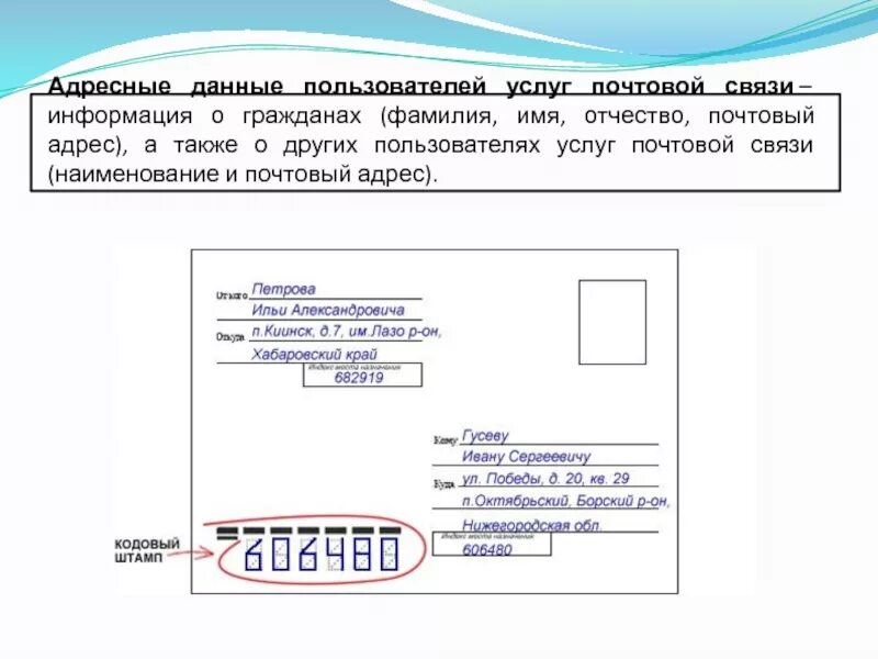 Почтовый адрес хабаровска. Адресные данные. Почтовый адрес это. Письмо на абонентский ящик. Заполнение конверта с абонентским ящиком.