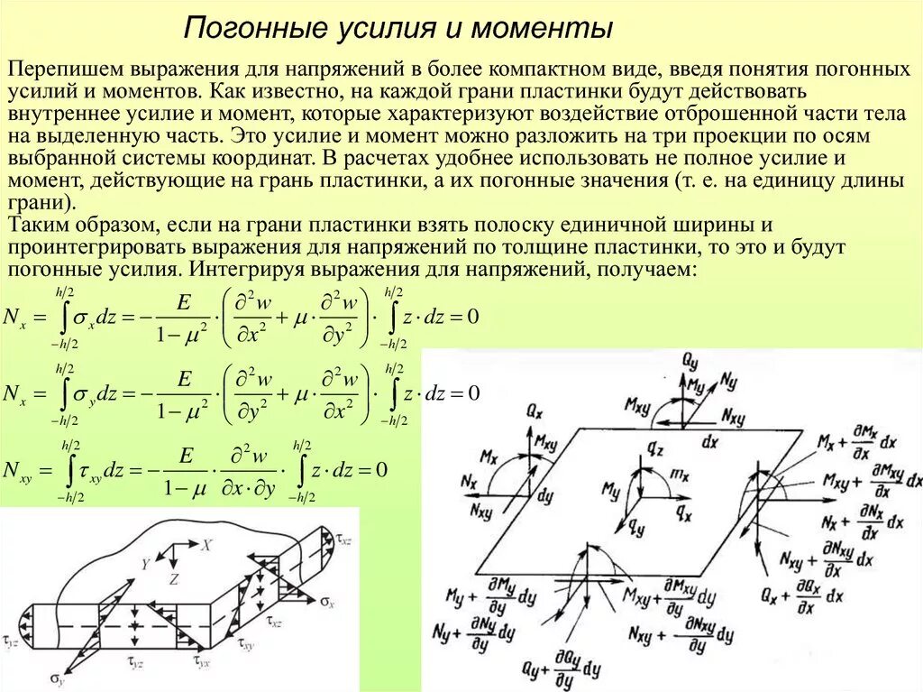 Усилие выражение. Погонные усилия. внутренние усилия в пластине. выражение напряжения. напряжение на пластинах.